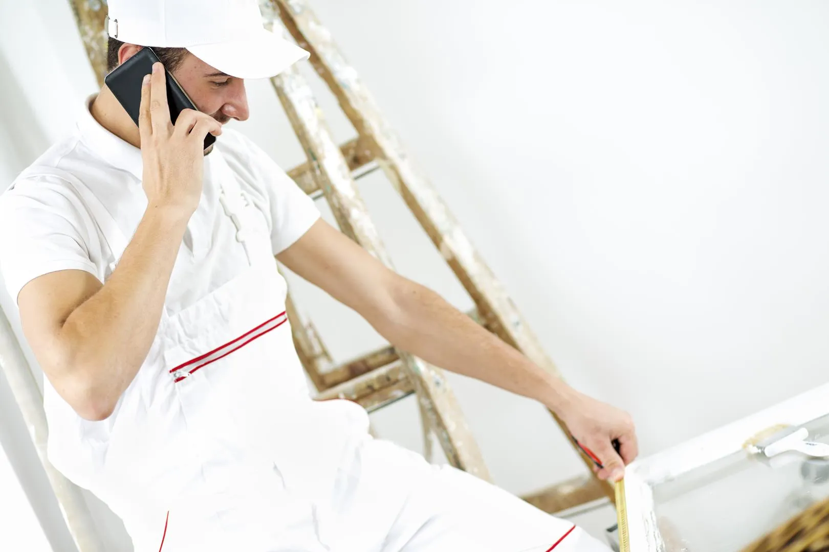 Junger Mann repariert Fenster. Junger Arbeiter nimmt Maß für neue Fenster.